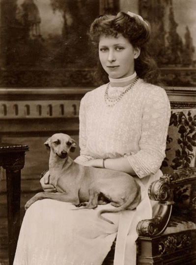 Victorian era photograph with an Italian Greyhound on lap.